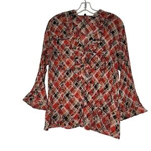 Notation Women XL Red Blk Button Ruffle Front Long Sleeve Sheer Blouse Fairy Y2K